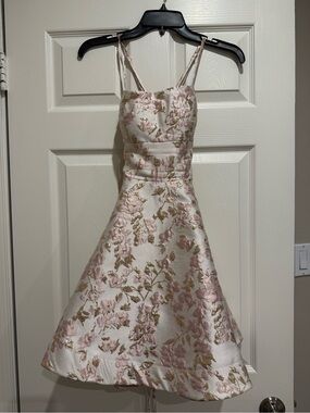 Girls Floral Jacquard Fit & Flare Dress in Blush Pink and Gold